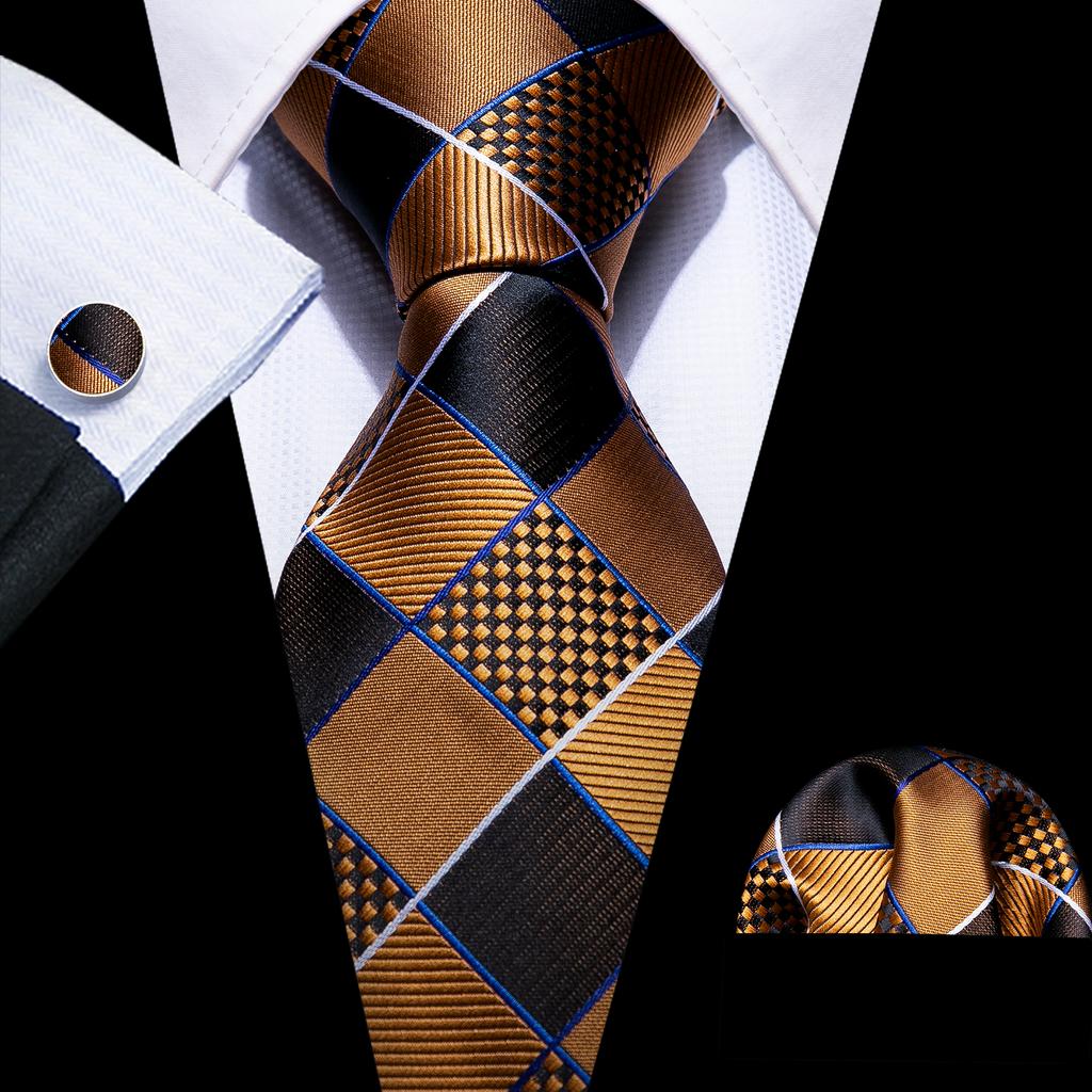 Barry.Wang Classic Tie for Men Woven Silk Striped Neckties Handkerchief Set Cufflinks Formal Casual