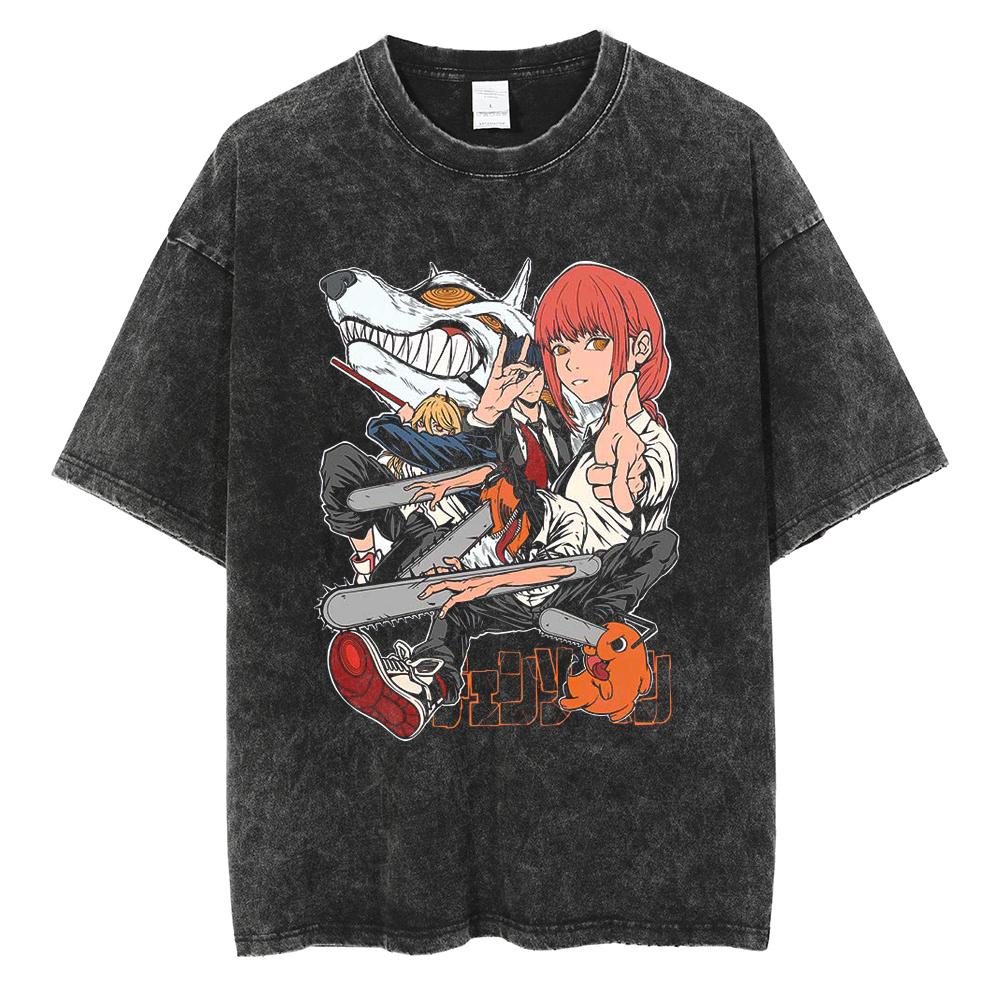 Chainsaw Man Anime Clothing Makima Graphic Print Tee Men Women Oversized Casual Tshirts Harajuku Male Washed Cotton T-shirt