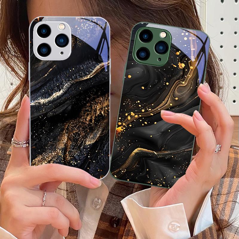 Темно-золотистый черный чехол из закаленного стекла для iPhone 16 Pro Max 15 Pro 14 13 12 Mini 11 XS Max XR 7 8 Plus SE 2022