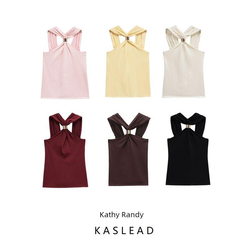 Kaslead New Arrival Women's Fashion Style Gold Inlaid Wide Shoulder Strap Hanging Collar Knitting Tops 4938116