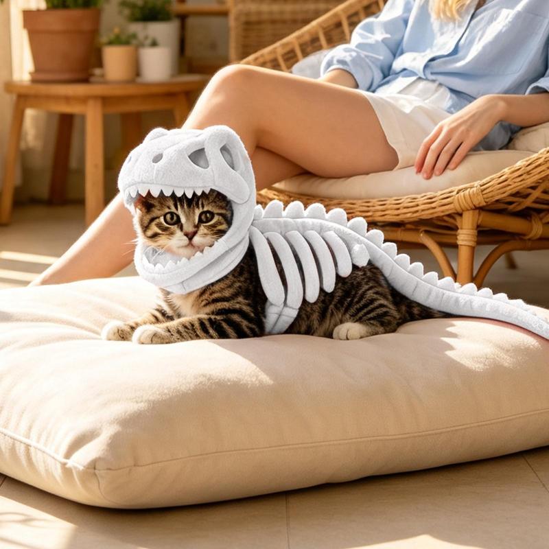 Dinosaur Cat Costume Soft Plush 3D Skeleton Funny Cosplay Outfit Halloween Dog Costume For Puppy Kitten Daily Birthday Party