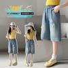 Girls' denim shorts summer 2026 new item, children's butterfly bright diamond loose cropped pants, mid size children's casual pants trend