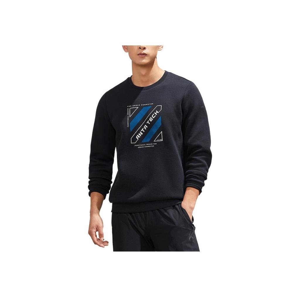 Anta Пуловер с нашивкой с буквенным принтом, толстовка с круглым вырезом, топы унисекс, черный 152237737-4