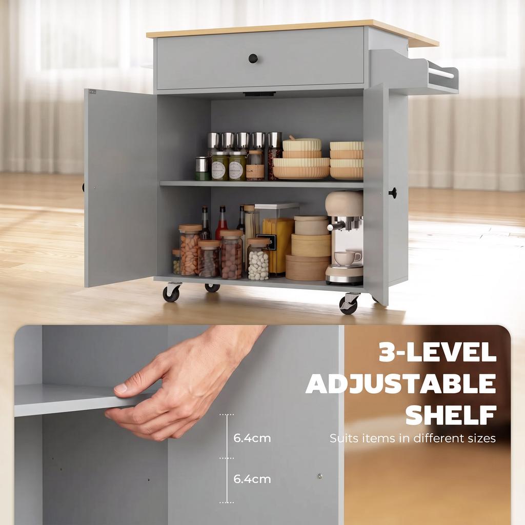 Kitchen Island with Drop Leaf, Rolling Kitchen Storage Trolley on Wheels with Drawer, Spice Rack and Towel Rack, Grey