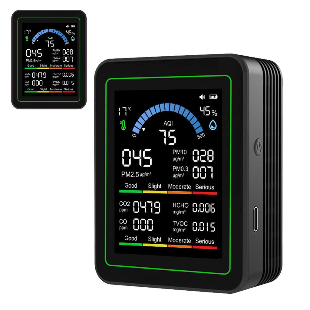10 в 1 Тестер качества воздуха CO2 TVOC HCHO PM2.5 PM10 PM10 PM0.3 Портативный детектор воздуха Черный
