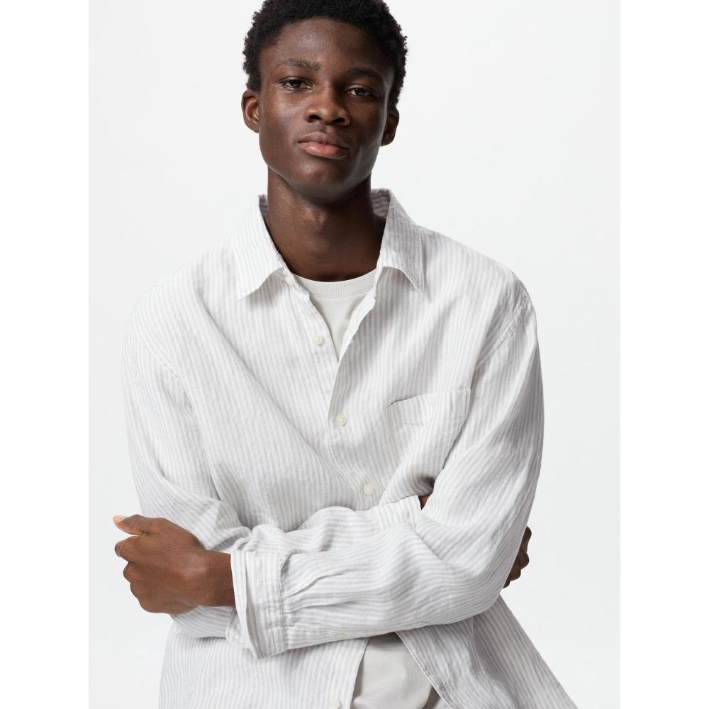 Uniqlo Рубашка из льна премиум-класса с длинным рукавом в полоску B
