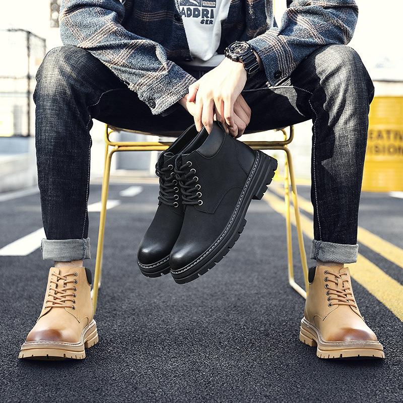 МодаОсень-зима Новые дизайнерские кожаные ботинки для мужчин Модные повседневные британские туфли на платформе Мужские однотонные роскошные рабочие ботинки для мужчин