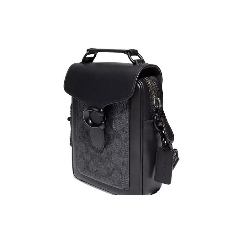 Coach Полосатый 16 Классический Логотип Наплечная Сумка-Кроссбоди Из Покрытого Холста С Отделкой Из Мелкой Коровьей Кожи Маленькая Сумка Мужские сумки Черный C1053-JICHR