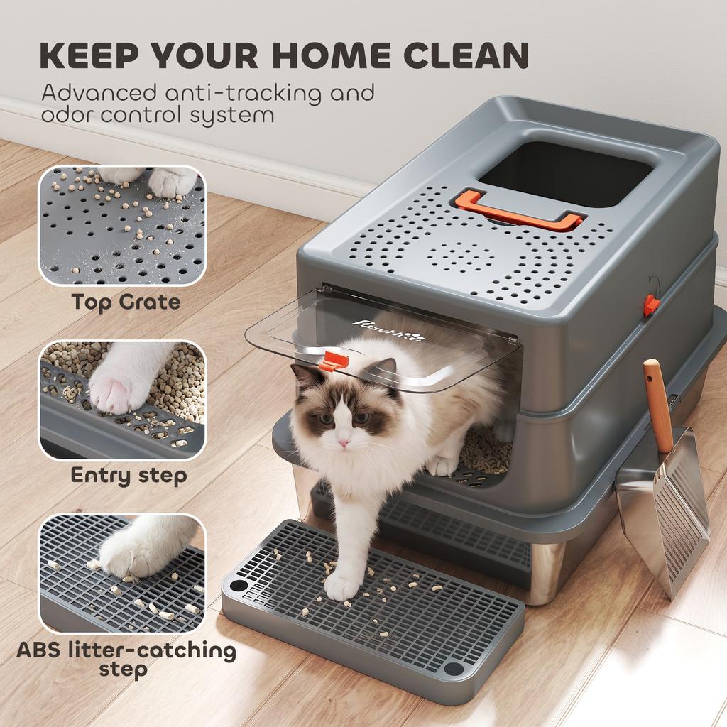 Stainless Steel Cat Litter Tray with Lid, XL 90L Enclosed Cat Litter Box with Step, Scoop, High Side, Dark Grey