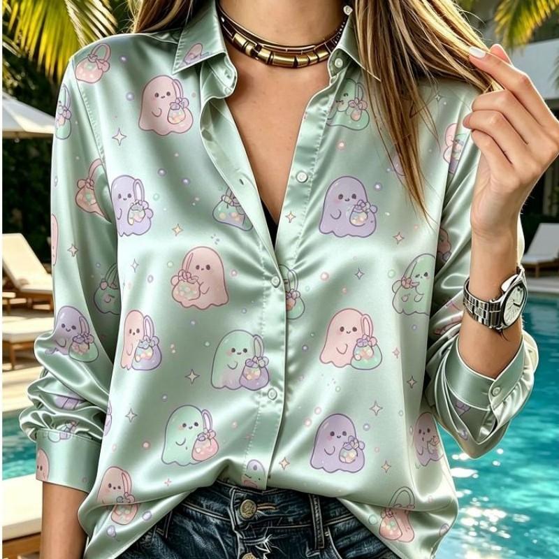 Women Satin Cute Cartoon Ghost Print Shirt Long Sleeve Lapel Button Down Blouse Halloween Vacation Casual Ladies Multi Color Top