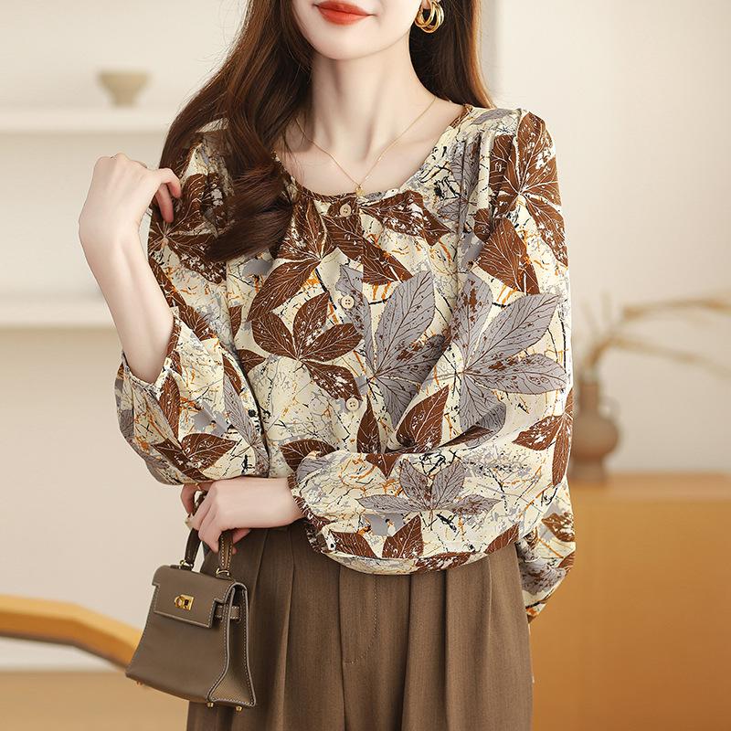 Floral Round Neck Silk Shirt Summer French Retro Printed Small Shirt