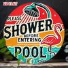 Retro Please Shower Before Entering Pool Round Metal Sign Vintage Flamingo Pool Wall Decor