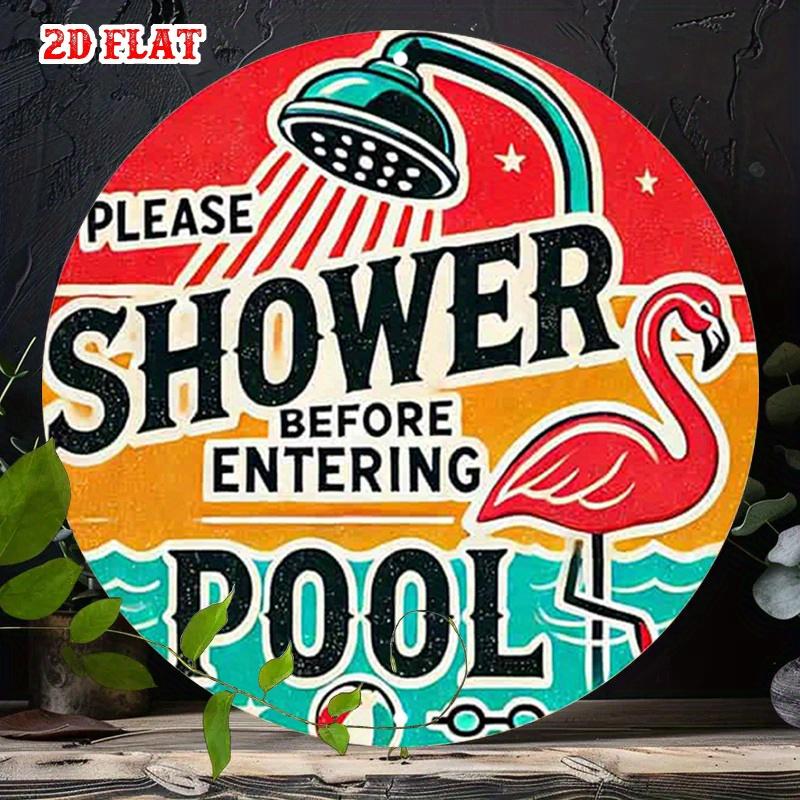 Retro Please Shower Before Entering Pool Round Metal Sign Vintage Flamingo Pool Wall Decor