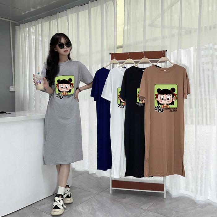 Short-sleeved t-shirt women's summer new large size fat mm Korean medium and long loose bf lazy t-shirt skirt maternity dress