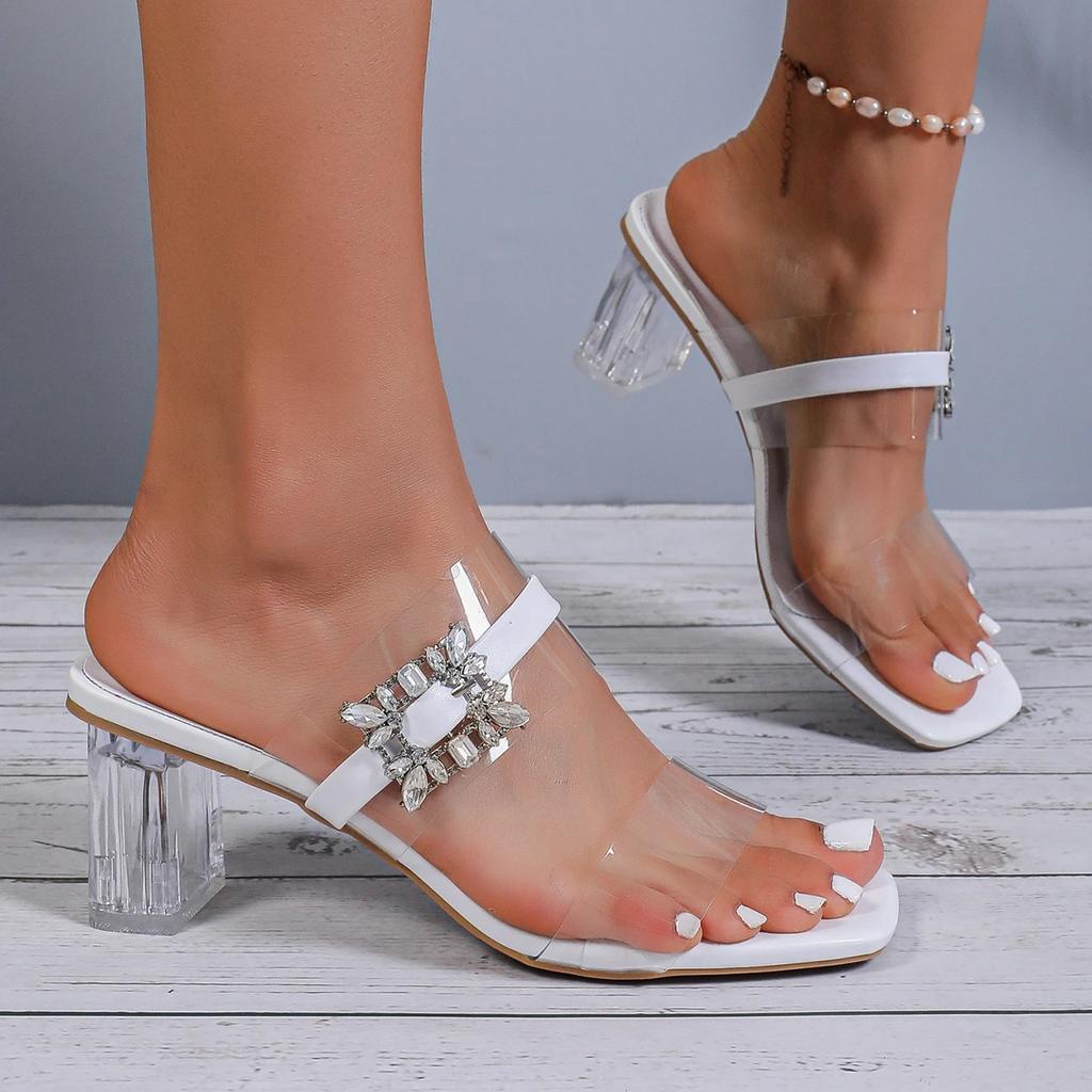 Модные прозрачные босоножки на каблуке со стразами Женские 2025 Летняя мода Массивные шлепанцы на высоком каблуке Женские Квадратный носок Хрустальные туфли для вечеринки