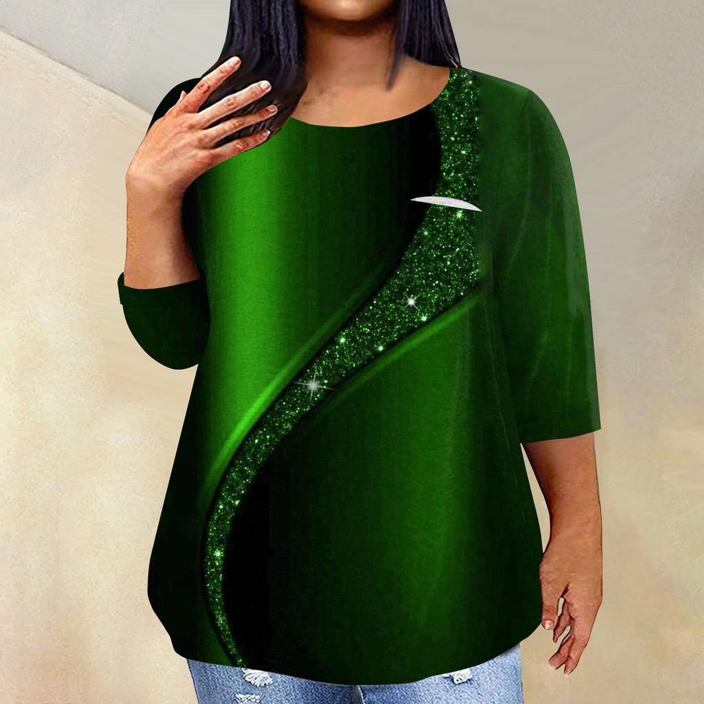 Women's Fashionable Casual Three Quarter Sleeve Printed Round Neck Pullover 4/3 Sleeve Top