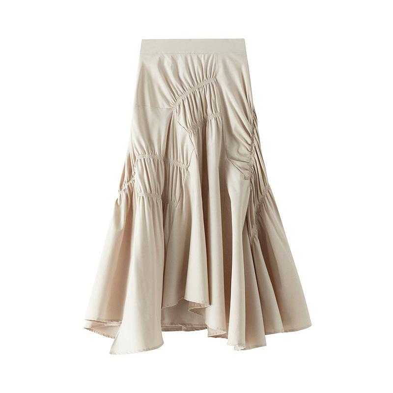 Qooth Women Ins Solid Color Pleated Asymmetrical A-line Skirt Casual High Waist Mid-length Long Skirt For Spring Summer QT2044