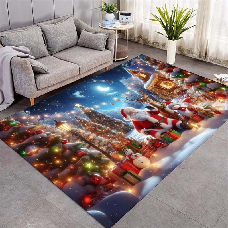 Christmas Santa Claus Gift Boxes Area Rug, Xmas Balls Snowy Pine Tree Non Slip Floor Mat for Living Room Holiday Home Decor