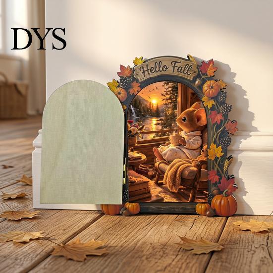 Fall Home Decor Accents Elf Wooden Door Halloween Decor, 2D Fairy Mouse Miniature Wall Rustic Autumn Shelf Hanging, Ornament for Home, Thanksgiving