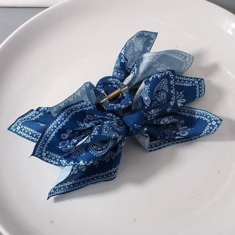 Multi Colored Cashew Flower Silk Scarf Shark Clip And Bow Design Vintage Light Luxury Style Hair Clip A Back Of Head Grip Clip