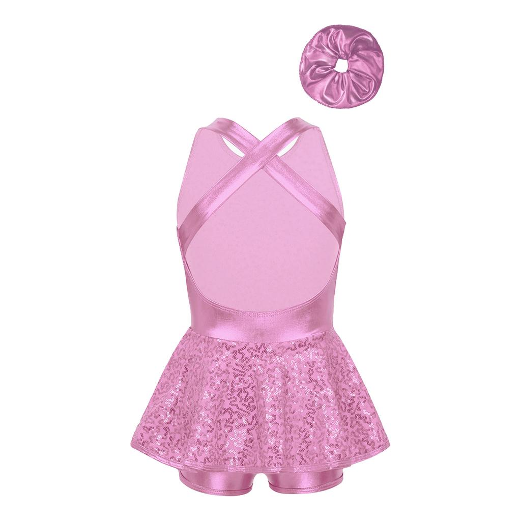 Детский костюм для выступлений, гимнастический купальник с пайетками, крестообразная спинка, без рукавов, платье с бантом, костюм для джазового танца с повязкой для волос