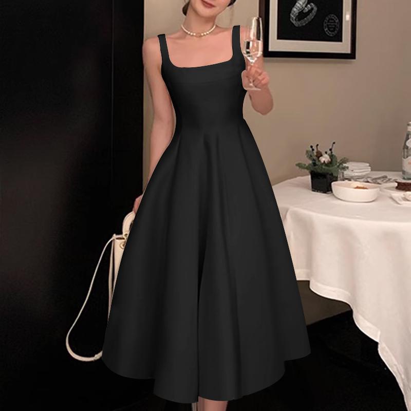ZANZEA Women Elegant Square Neck Sleeveless Waisted A-Line Suspender Dress