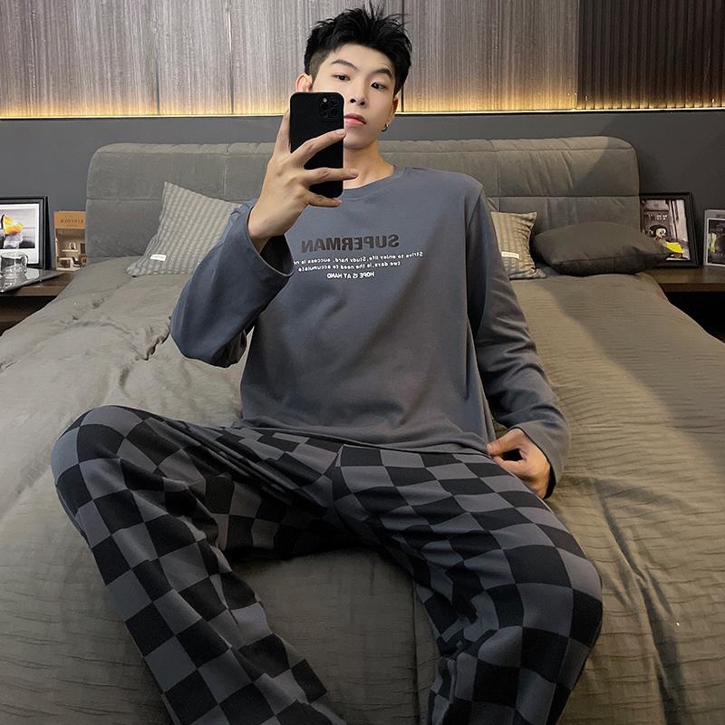 Мультяжная мужская пижама из хлопка, осенний комплект, топы для сна, брюки, круглый вырез, домашний костюм для отдыха, мужская пижама, ночная одежда