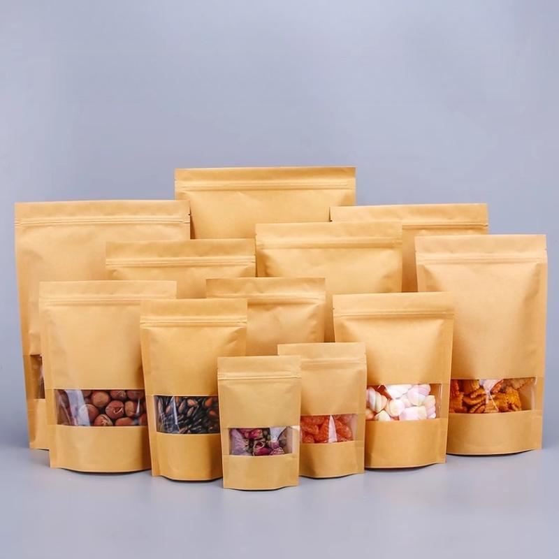 Крафт-бумажный самоподдерживающийся пакет, упаковочный пакет с самозаклеивающейся застежкой и видимым окном, экологически чистый запечатанный упаковочный пакет, доступен в нескольких размерах