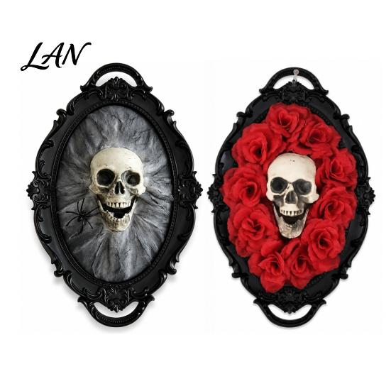 Creepy Skull Wall Art Halloween Gothic Decoration, Vintage Red Rose Frame Sculpture, Ornament Horror Spider Web for Holiday Party