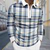 Polo Shirts Men Long Sleeve Grid Lines Print New Men's Polo Shirt Long Sleeve Zipper T-shirt Top