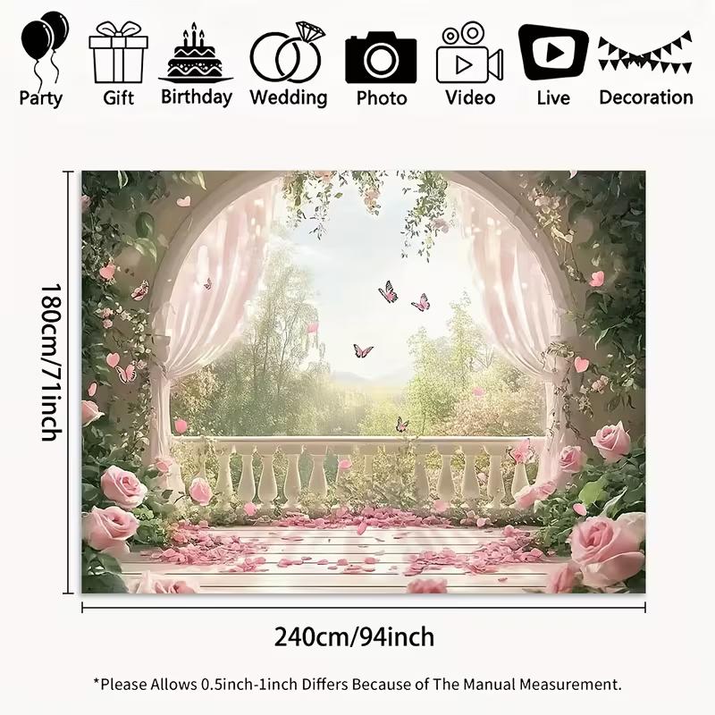 Pink Rose Balcony Tapestry, Romantic Floral Butterfly Background Cloth, Wedding Party Backdrop