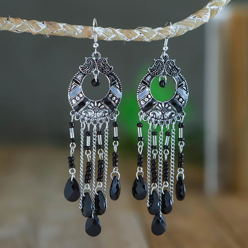 Fashion Boho Beads Chain Tassel Drop Dangle Long Earrings For Women Handmade Geometric Enamel Bohemian Vintage Earrings Jewelry