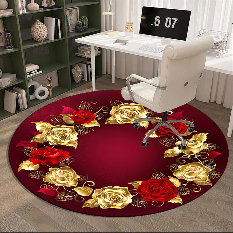 Golden Rose Wreath Design round carpet Chair cushion Round Entryway Rug, Soft Round Rugs for Living Room, Bedroom, Circle Carpet decor gifts