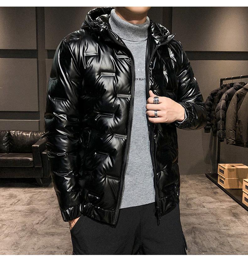 Мужской серебристый блестящий зимний пуховик, мужской теплый короткий белый утиный пух с капюшоном