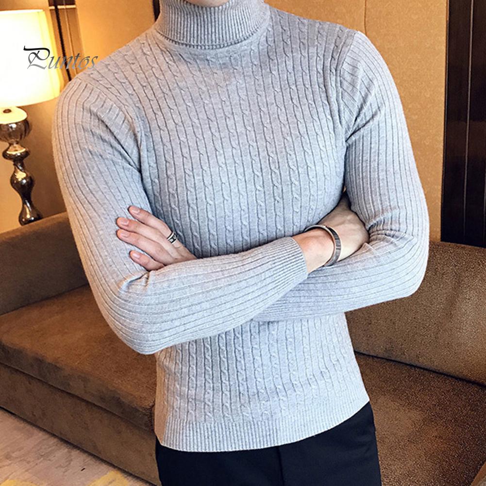 Casual Men Winter Solid Color Turtle Neck Long Sleeve Twist Knitted Slim Sweater
