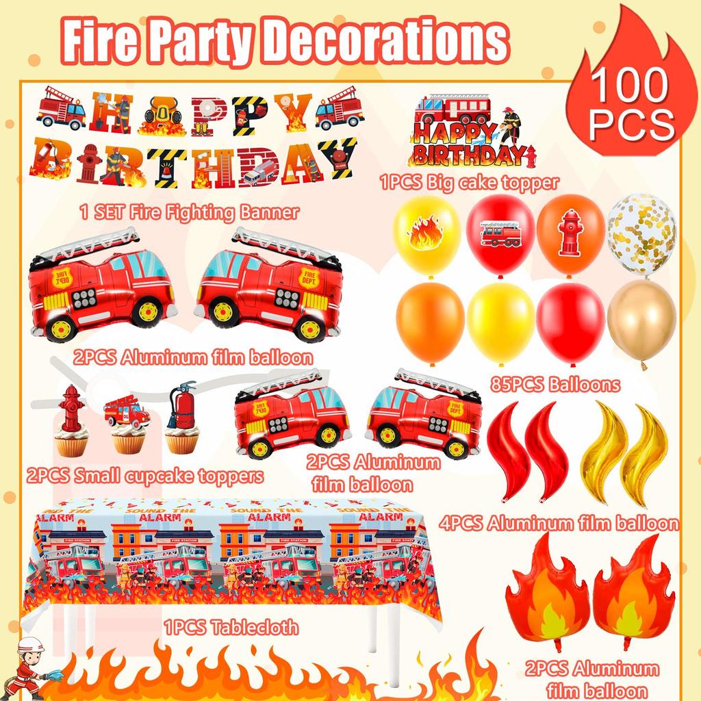Украшения для вечеринки «Пожарная машина», 100 шт., Украшения для дня рождения «Пожарная машина», Шары для вечеринки «Пожарная машина», Баннер «С днем рождения», Топперы для торта, Скатерть и т. д.
