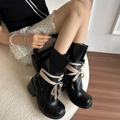 Ретро Матовый Панк Стиль Шнуровка Спереди До середины икры Женские Ботинки Круглый Носок Платформа Все-Сочетаемые Повседневные Туфли Размер 35-42 Ботинки на Толстом Каблуке