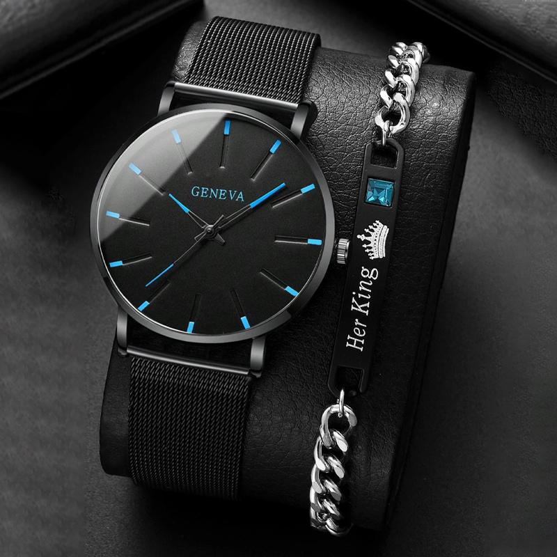 GENEVA 2 шт./комплект, элегантные модные мужские круглые кварцевые часы и браслет, идеи подарков для мужчин