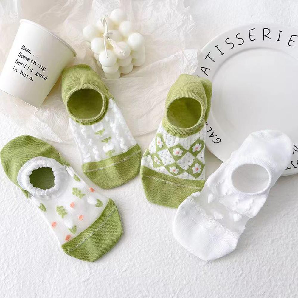 6 Pairs Women's Floral Mesh No-Show Socks Y2K Kawaii Lace Trim Breathable Ankle Socks With Harajuku Style Green Cute Boat Socks
