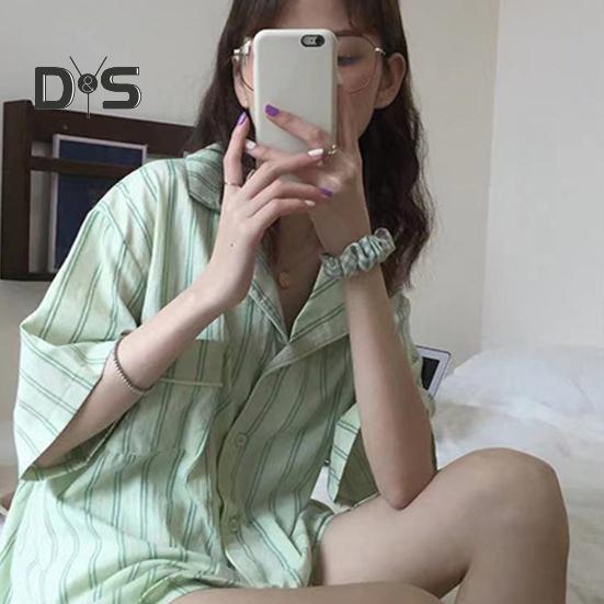 Женский пижамный комплект из 2 шт./компл., контрастный цветной полосатый принт с лацканами, с коротким рукавом, эластичная талия, свободная широкая домашняя одежда, одежда для сна, блузка, шорты, комплект