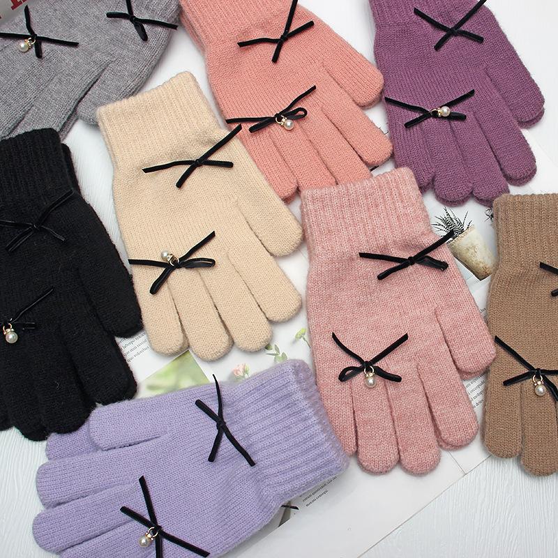 Bow gloves women's winter versatile touch screen student outdoor cycling warm five-finger knitted wool hand socks