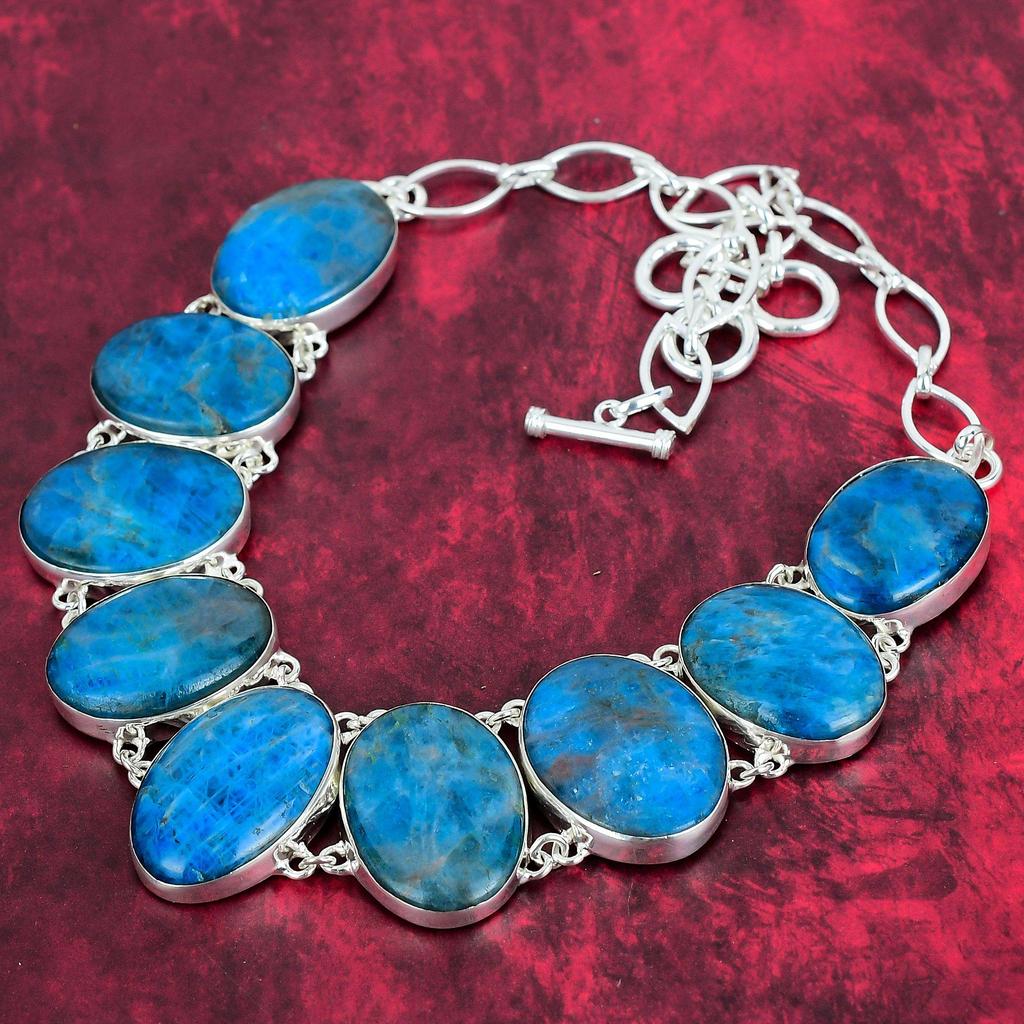 Неоново-синий апатит, стерлинговое серебро 925 пробы, ювелирные изделия, браслет и ожерелье, комплект ювелирных изделий для нее, элегантный комплект ювелирных изделий ручной работы из драгоценных камней для подарка на день рождения