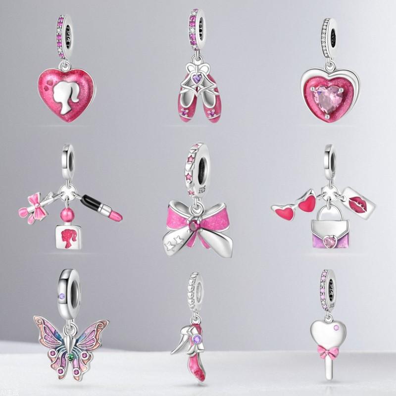 2026 Barbie Pink Girl Heart DIY Jewelry Accessories Bracelet 925 Silver Charm Beads