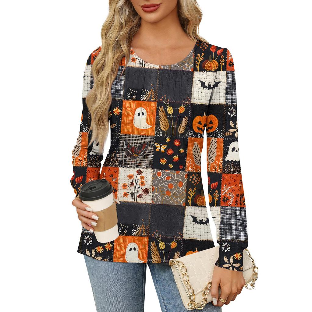 Рубашки с длинным рукавом для женщин, милые принты, графические футболки, блузки, нарядные повседневные блузки, плиссированные туники с круглым вырезом, топы на Хэллоуин
