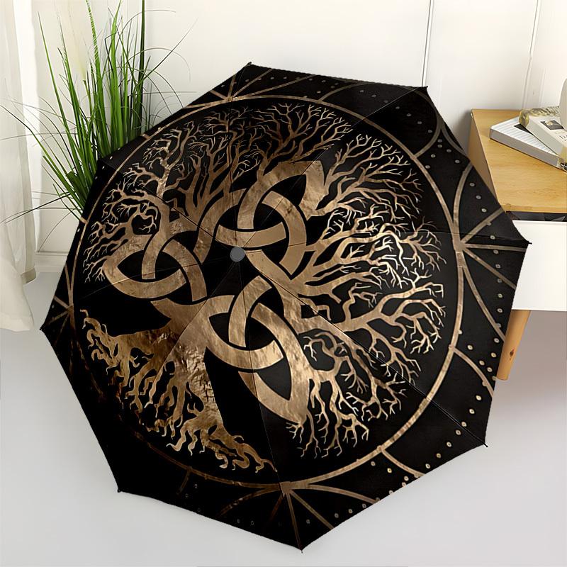Celtic Knot Tree of Life Themed Automatic Opening and Closing Umbrella, Brightly Colored 8-rib Portable Umbrella, Suitable for Men and Women