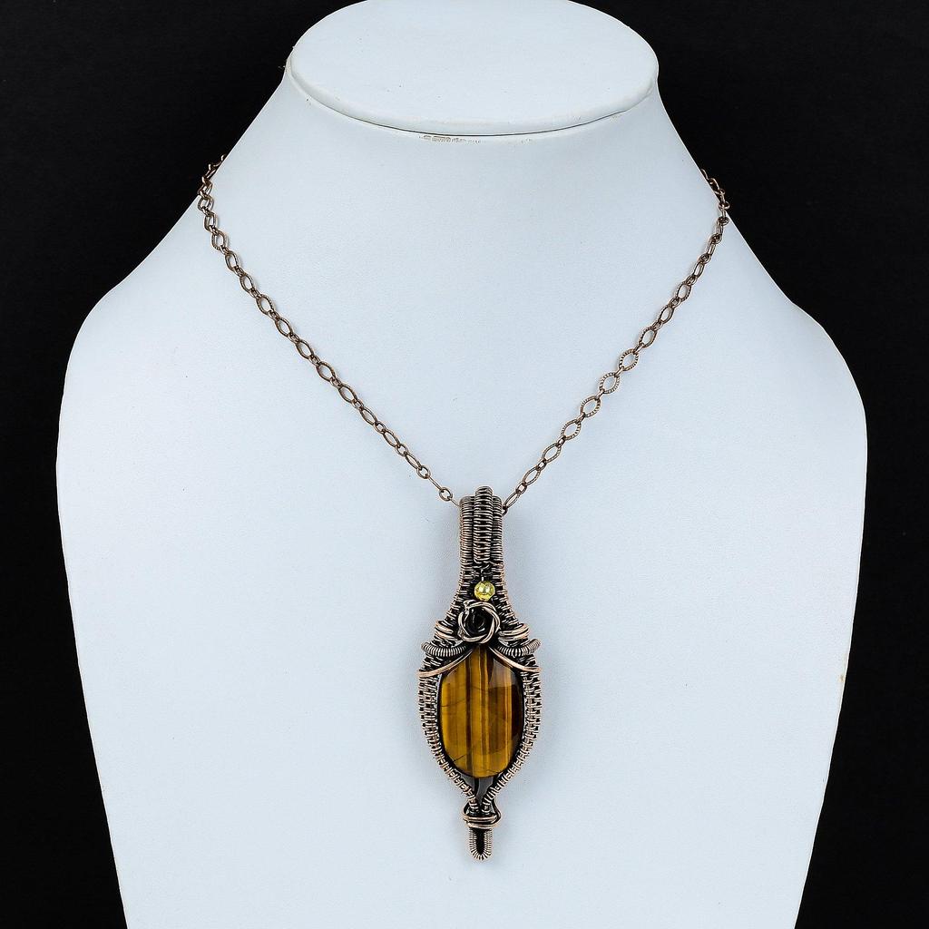 Подвеска Тигровый глаз, Подвеска из драгоценного камня ручной работы, обернутая медной проволокой 999 пробы, Антикварное украшение, Для подарка, Серебряное украшение