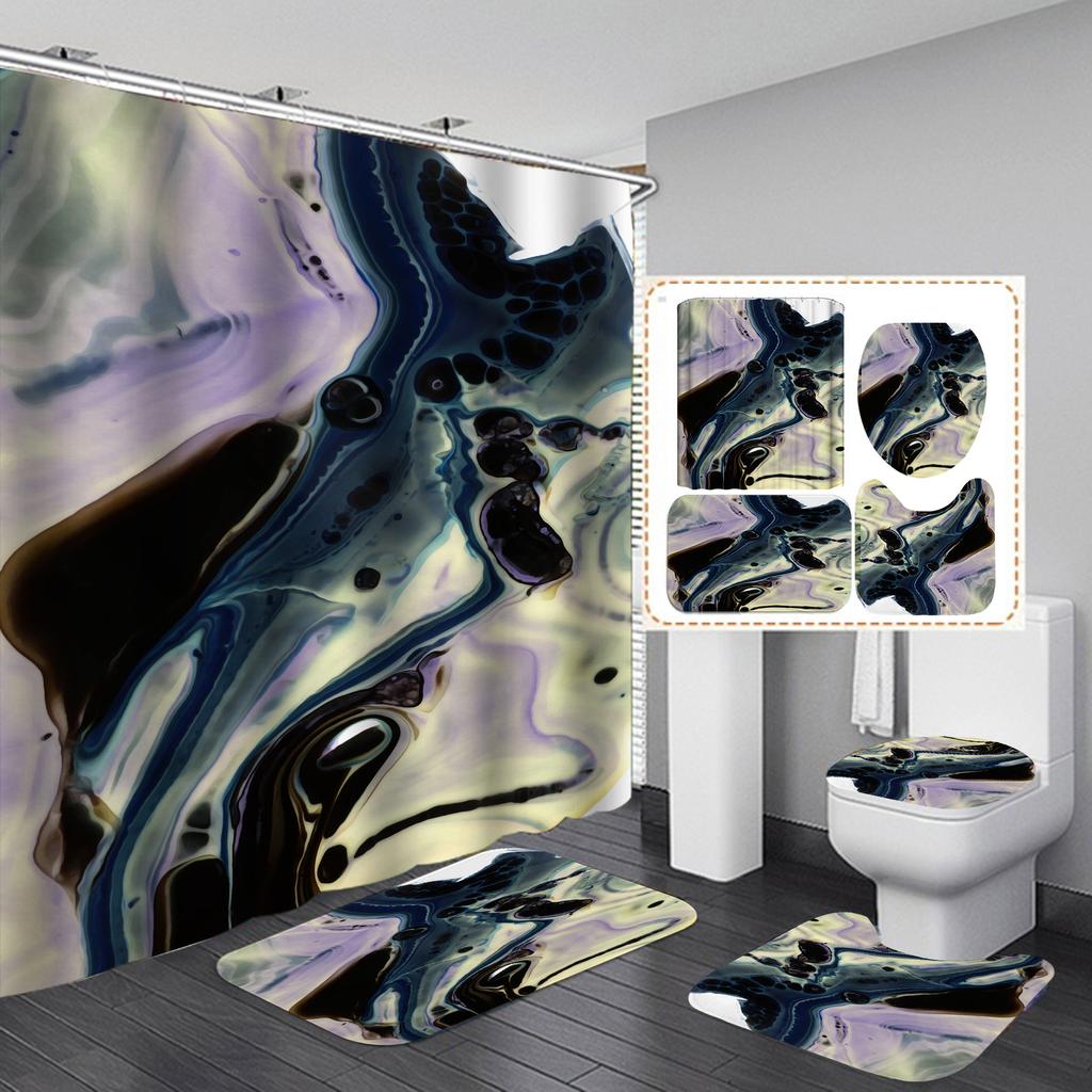 4Pcs Luxury Marble Shower Curtain Sets Bathroom Decor Sets with 12 Hooks Bath Mat Toilet Lid Rug and Non-Slip U Shape Mat