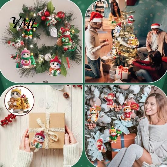 Festive Kitten Decor for Party Cute Christmas Tree Hanging Ornaments with Lanyards, Wooden Cat Decorative Pendants Pendants, Charms Holiday Home Wall