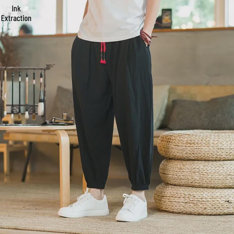 Мужские широкие шаровары из хлопка и льна в китайском стиле — летние тонкие манжеты, свободный крой, размер плюс, длина девять точек.