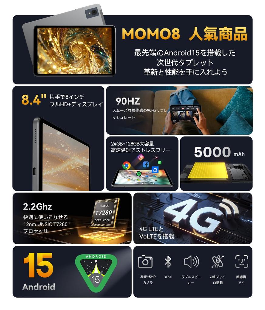 Бесплатный SVITOO MOMO8 Android 15 Android 15 2K FHD 4G Gemini AI Face Высокий Компактный и Защитное стекло Чехол на японском языке. 8-дюймовый планшет,